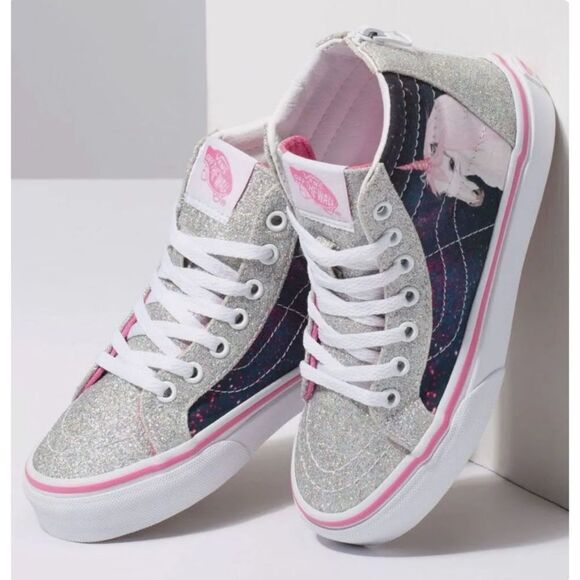 VANS Digi Unicorn Sk8-Hi Zip Silver Glitter Girls Sneakers Size 7 - Picture 1 of 13